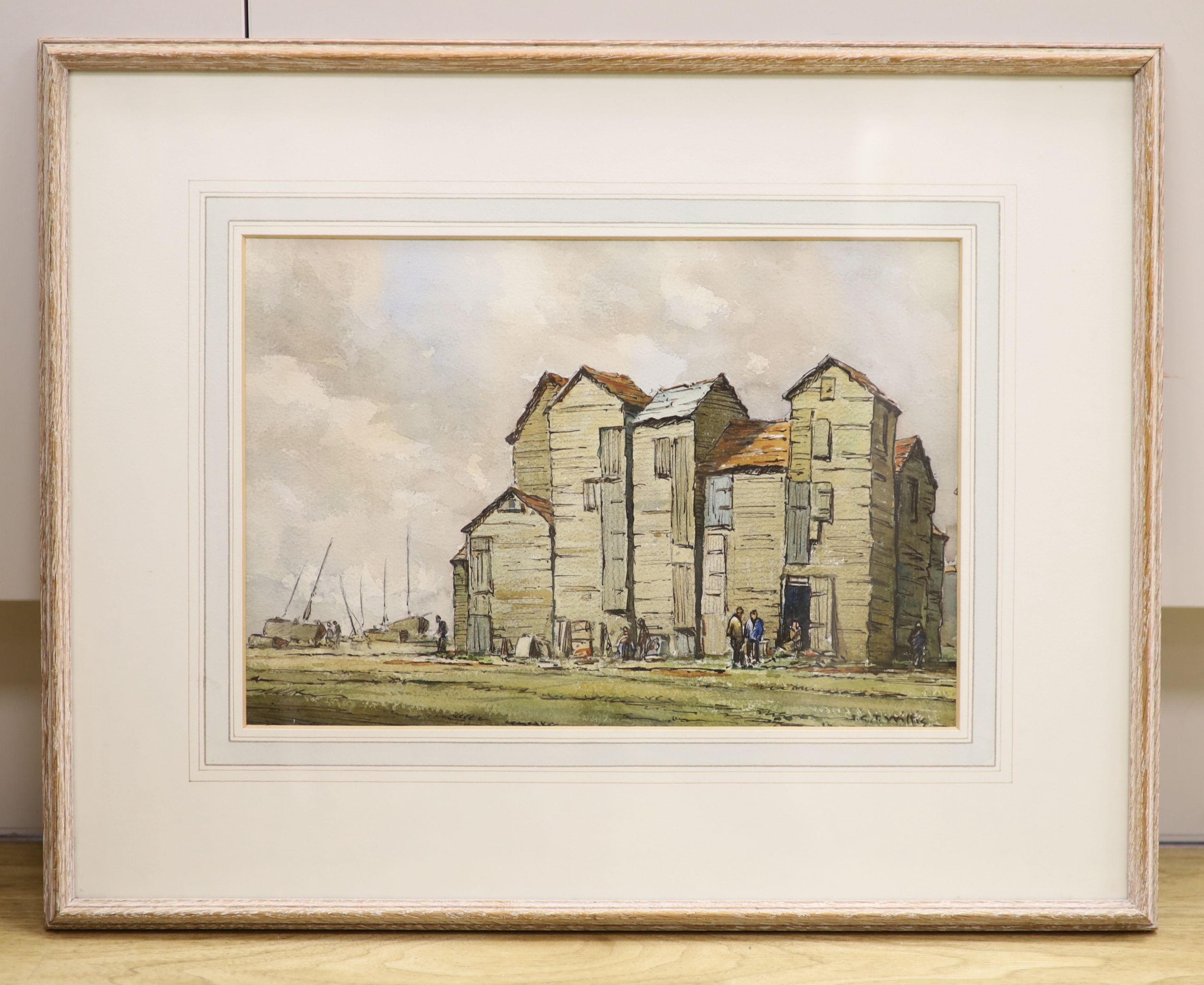 Major-General John Christopher Temple Willis R.I. (1900-1969), watercolour, Fishing huts, Hastings, signed, 23 x 33cm